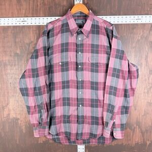 Edward H Bohlin Shirt Plaid Long Staple USA Flap Pockets VTG Maroon Red Men's XL